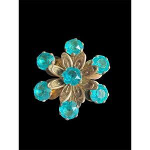Vtg MCM Goldtone Tiered Flower Brooch Prong Set Large Aqua Blue Glass Stones